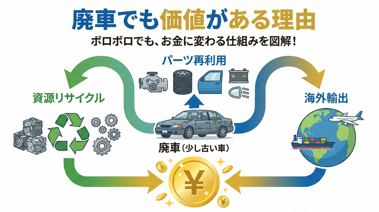 【図解】廃車買取で0円以上などの値段がつく3つの理由。鉄資源のリサイクル、中古パーツとしての再利用、海外への輸出販売