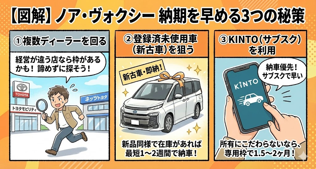 【図解】ノア・ヴォクシーの納期を早める3つのコツ（複数店舗・新古車・KINTO）