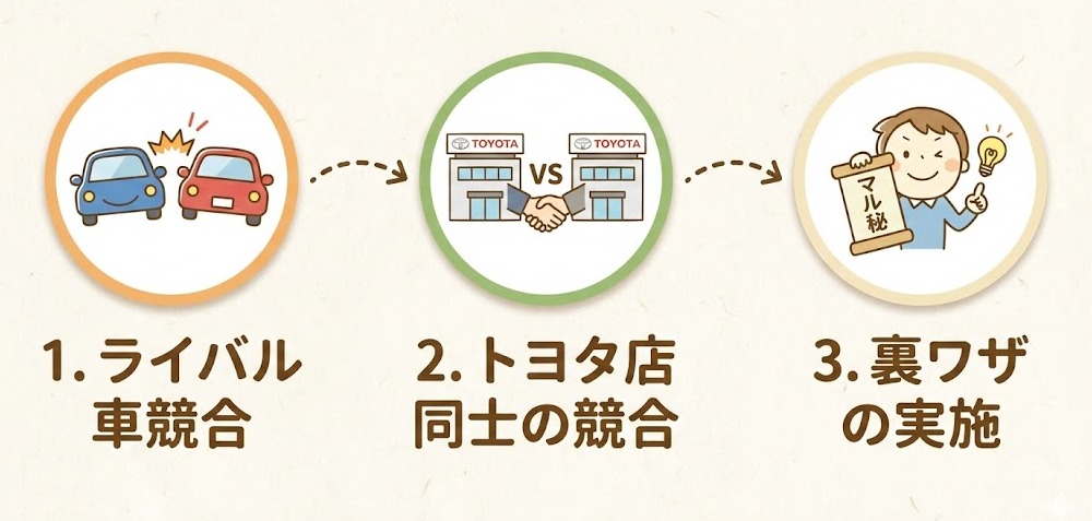 ヤリスクロスを限界値引きで買うための3ステップ交渉フロー図