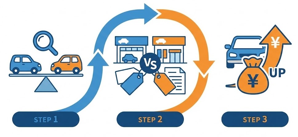 スマホで見やすい、新型フィットの値引き3ステップ(ライバル比較・同士競合・下取りアップ)のシンプル図解。
