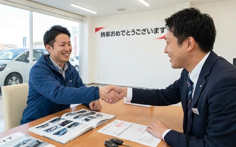 ホンダのディーラーで商談が成立し、笑顔で握手する営業マンと購入者。