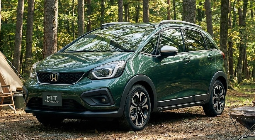 2025年一部改良後のホンダ新型フィット。新色のボタニカルグリーン・パールのCROSSTAR。