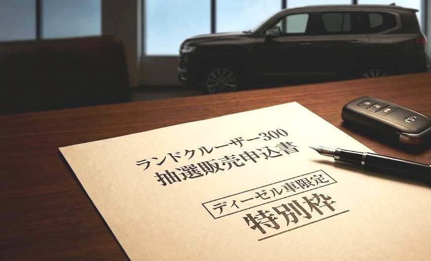 ランクル300の抽選販売申し込み用紙と、ディーゼルエンジンのイメージ。