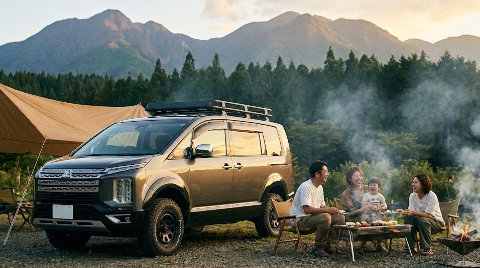 デリカD:5でファミリーキャンプを楽しむ様子、悪路走破性のイメージ