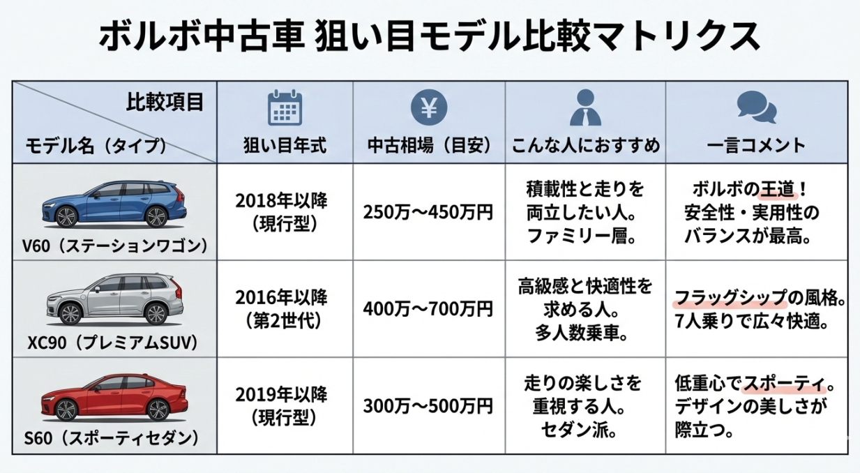 【図解】ボルボ中古車の狙い目モデル比較マトリクス。タイプ、年式、予算、おすすめ層でV60、XC90、S60を比較