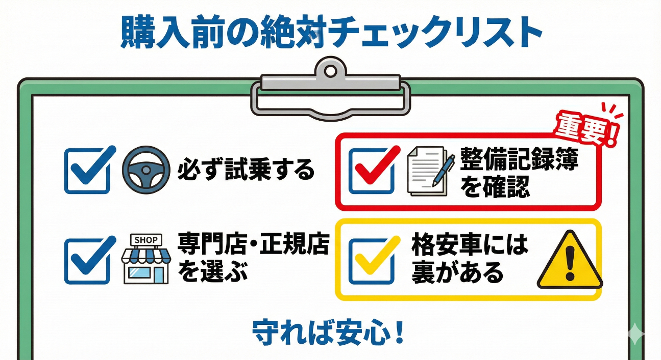 【図解】アルファロメオ中古車購入時の4つの注意点。試乗、店選び、記録簿、格安車への警戒