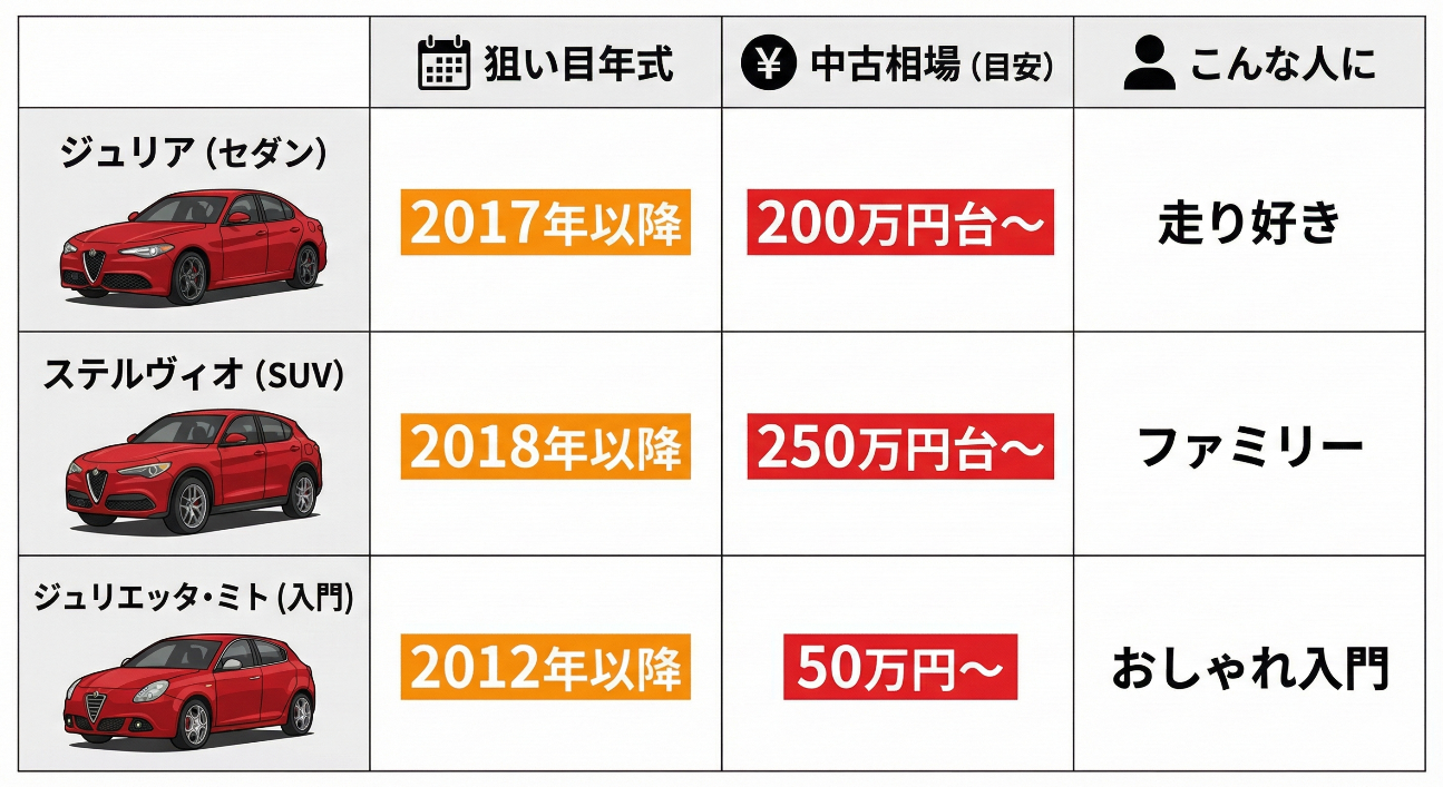 【図解】アルファロメオ中古車の狙い目モデル比較マトリクス。ジュリア、ステルヴィオ、ジュリエッタなどを比較