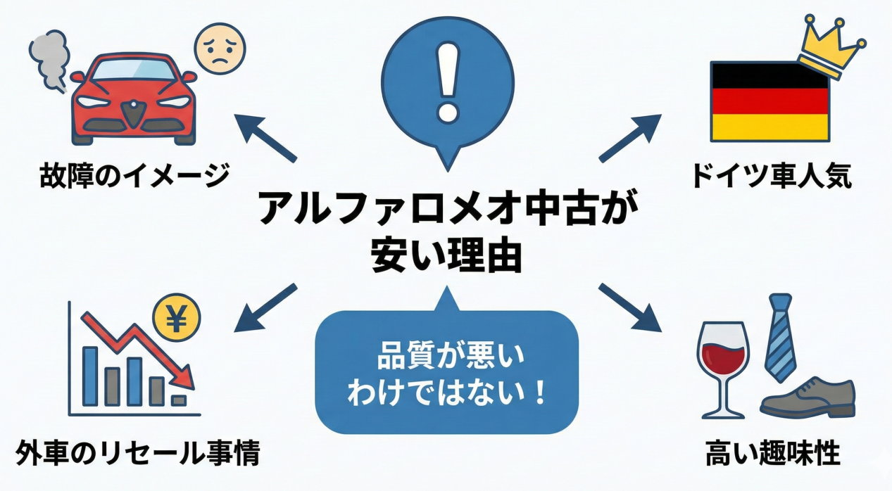 【図解】アルファロメオの中古車が安い構造的理由。故障イメージと市場特性の相互作用