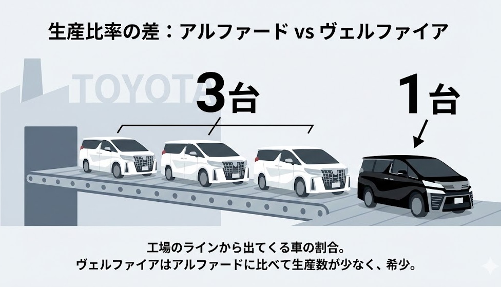 アルファードとヴェルファイアの生産比率（1：3）のイメージ図解