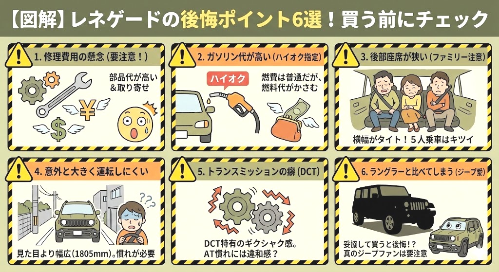 【図解】ジープ レネゲードが「買ってはいけない」と言われる6つの後悔ポイント(修理費用、ハイオク仕様、後部座席の狭さ、運転のしにくさ、トランスミッションの癖、ラングラーとの比較)