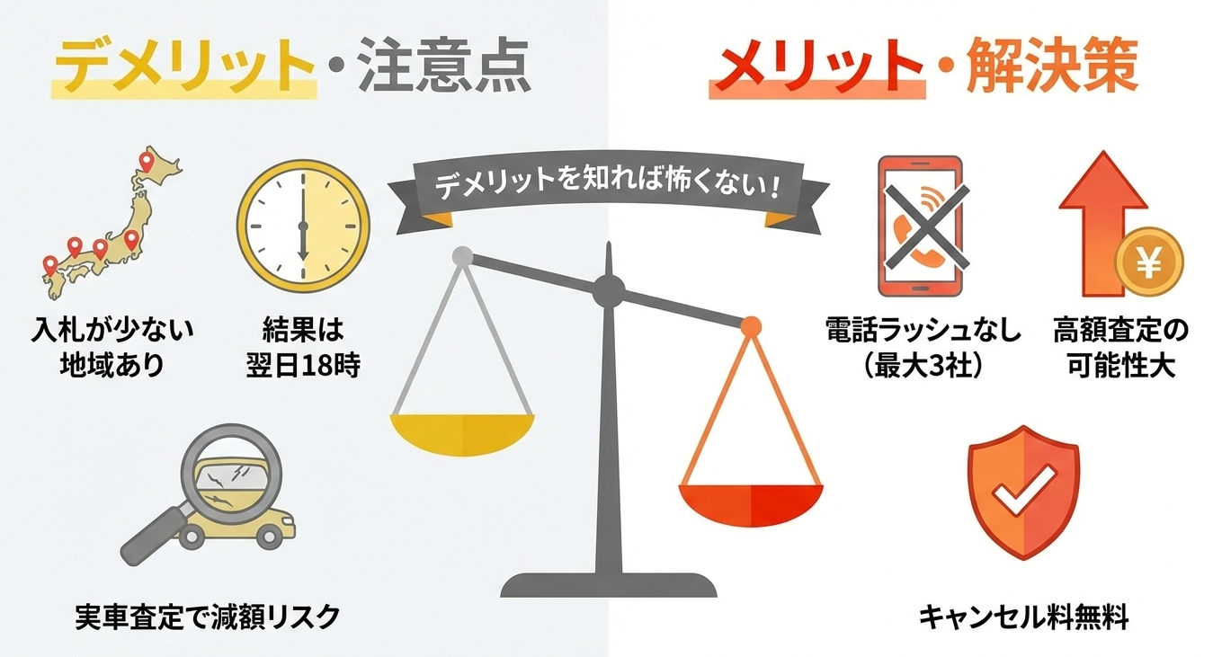 【図解】MOTA車買取のデメリットとメリットの比較。入札が少ないリスクと、電話ラッシュがないメリットの対比