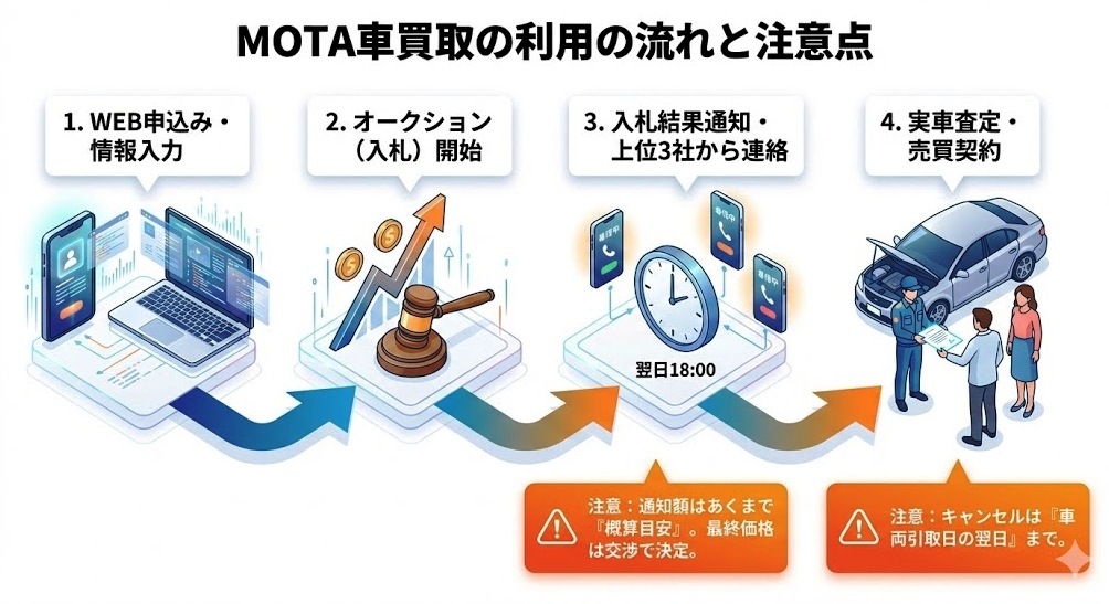 MOTA車買取の利用の流れと注意点