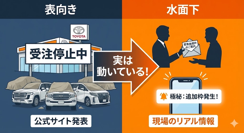 【図解】ランクル70の受注状況(表向きの受注停止と水面下のゲリラ抽選の対比)