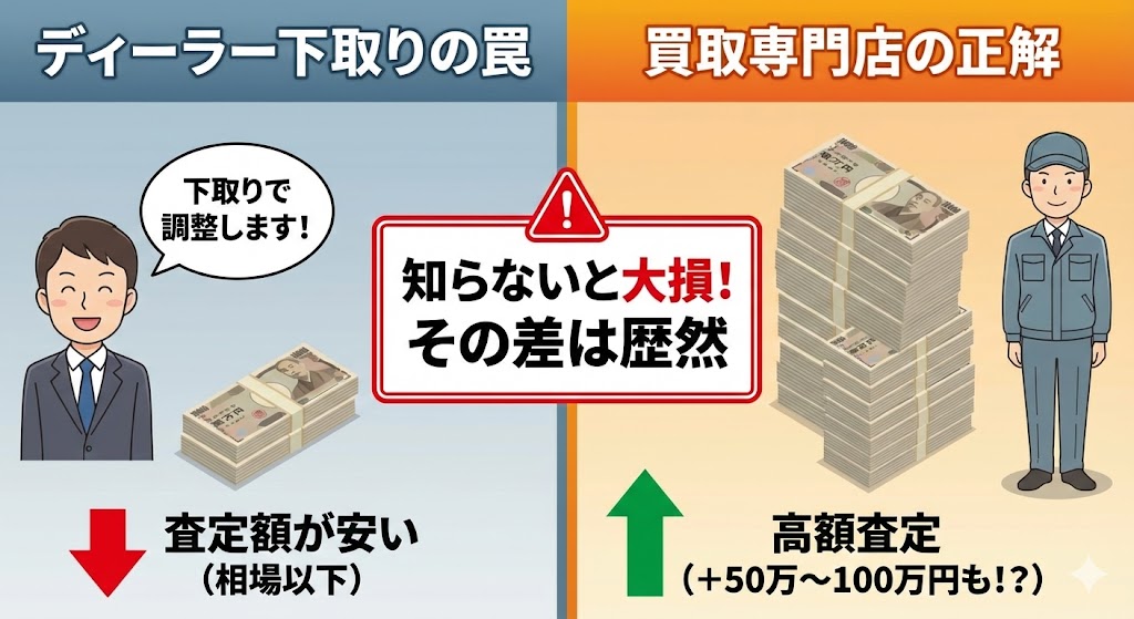 【図解】ディーラー下取りの罠と買取専門店の査定額比較(数十万円の差が出る理由)