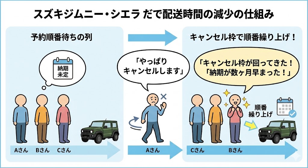 ジムニーシエラのキャンセル車が回ってきて納期が早まる仕組みの図解