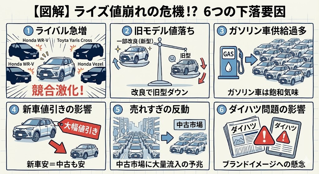 【図解】トヨタライズの値崩れが懸念される6つの原因（ライバル車増加、一部改良による旧型値落ち、ガソリン車の供給過多、新車値引き、市場飽和、ダイハツ問題の影響）