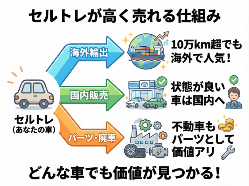 セルトレが高額査定を出せる3つのルート（海外輸出・国内販売・廃車リサイクル）