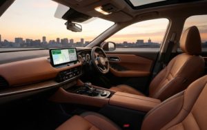 Googleマップが表示された新型エクストレイルの高級感ある運転席周り。