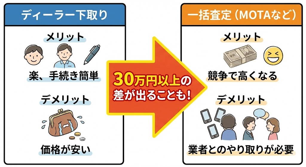 車を売るならどこがいい？知恵袋でよくあるアドバイス（一括査定・持ち込み・買取店）のまとめイラスト