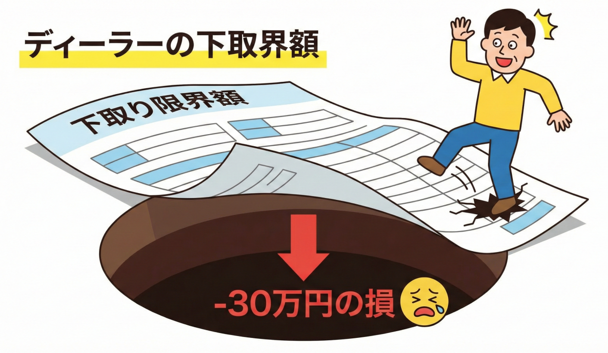 ディーラー下取りの見せかけの金額に隠された30万円損する落とし穴の図解イラスト