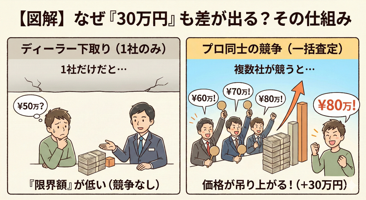 【図解】ディーラー下取りと一括査定の比較。30万円の差が出る「見えない損」のカラクリ