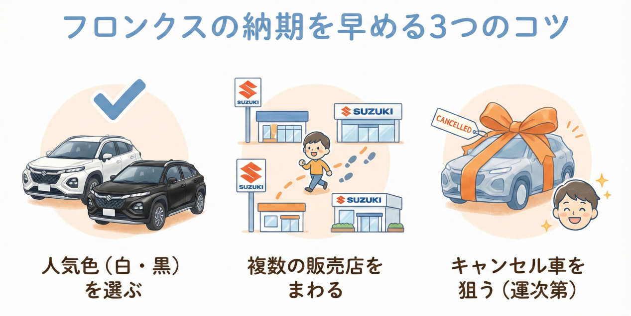 【図解】フロンクスの納期を早める3つのコツ。人気色（白黒）の選択、複数店舗まわり、キャンセル車狙い