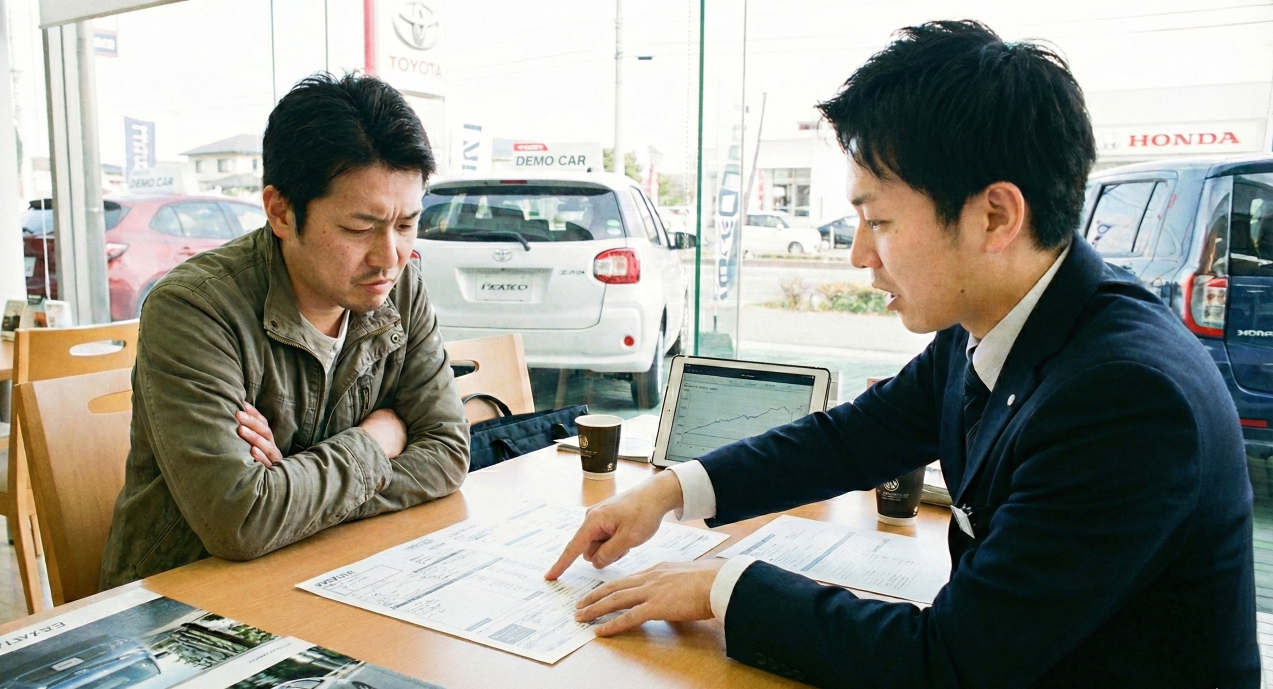 自動車ディーラーで熱心に説明する営業マンと考え込む男性客のリアルな商談風景