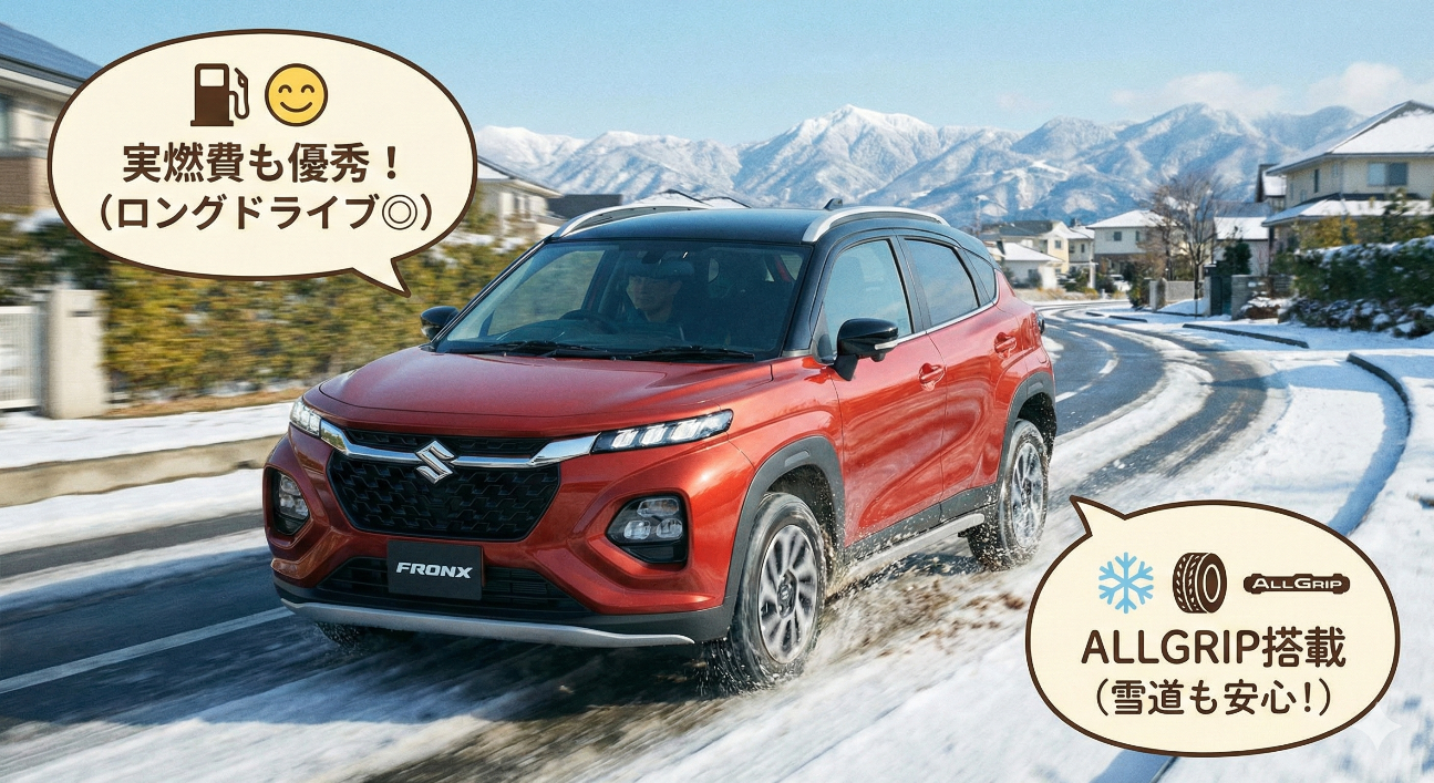 スズキ新型フロンクスの燃費の良さと4WD(ALLGRIP)の雪道での頼もしさを表現した走行イメージイラスト