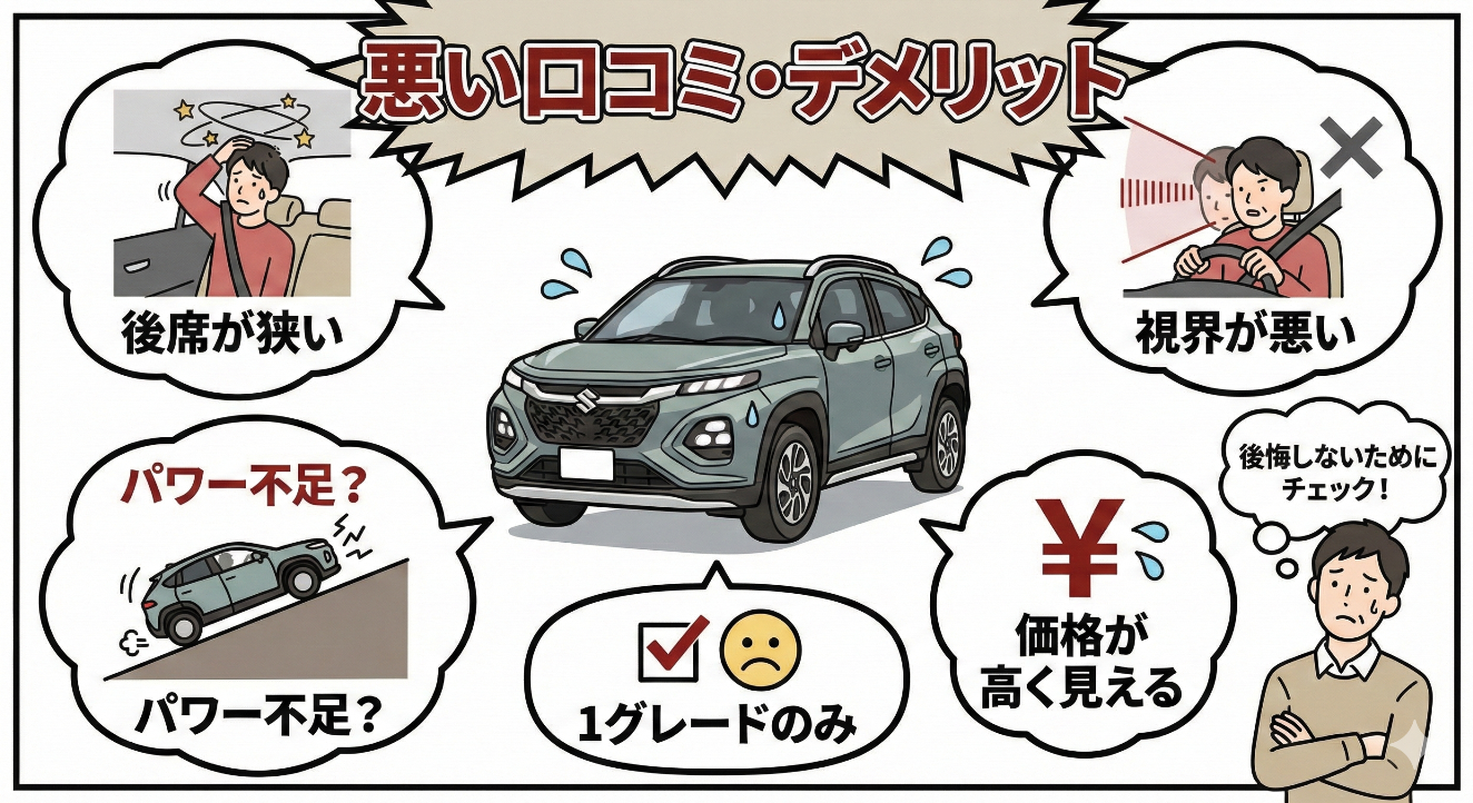 スズキ新型フロンクスの悪い口コミとデメリットの図解(後席の狭さ・視界・パワー・価格・グレード)