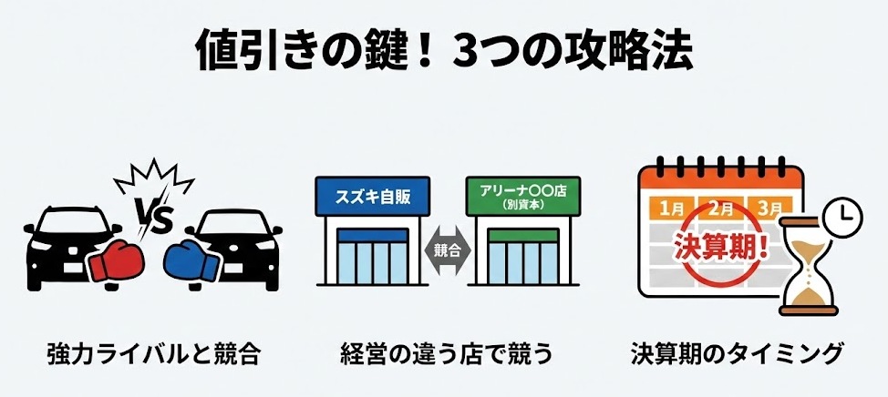 イラスト:フロンクスの値引きを引き出す3つの重要ポイント(ライバル競合、経営の違う店舗、決算期)