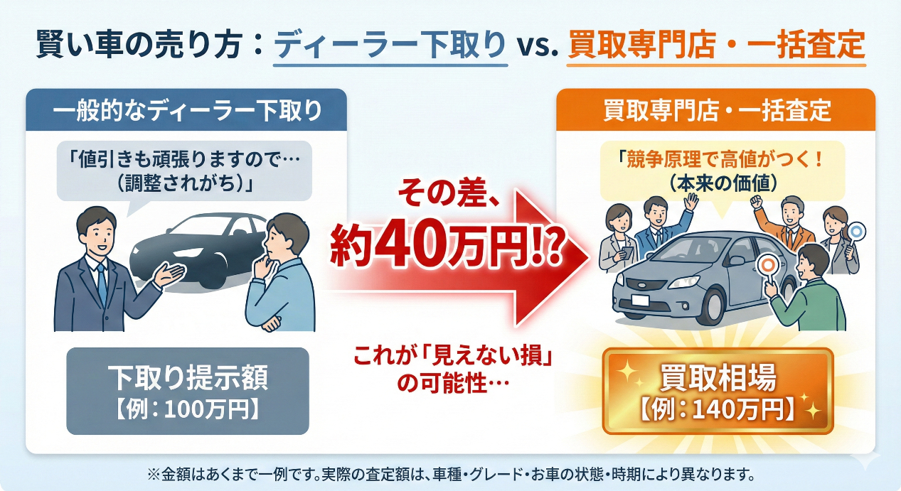 【図解】ディーラー下取りと一括査定の比較。40万円の差が出る「見えない損」の仕組み