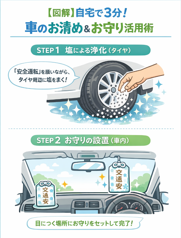 【図解】自宅で簡単にできる車のお清め方法（タイヤへの塩まきと交通安全お守りの設置手順）