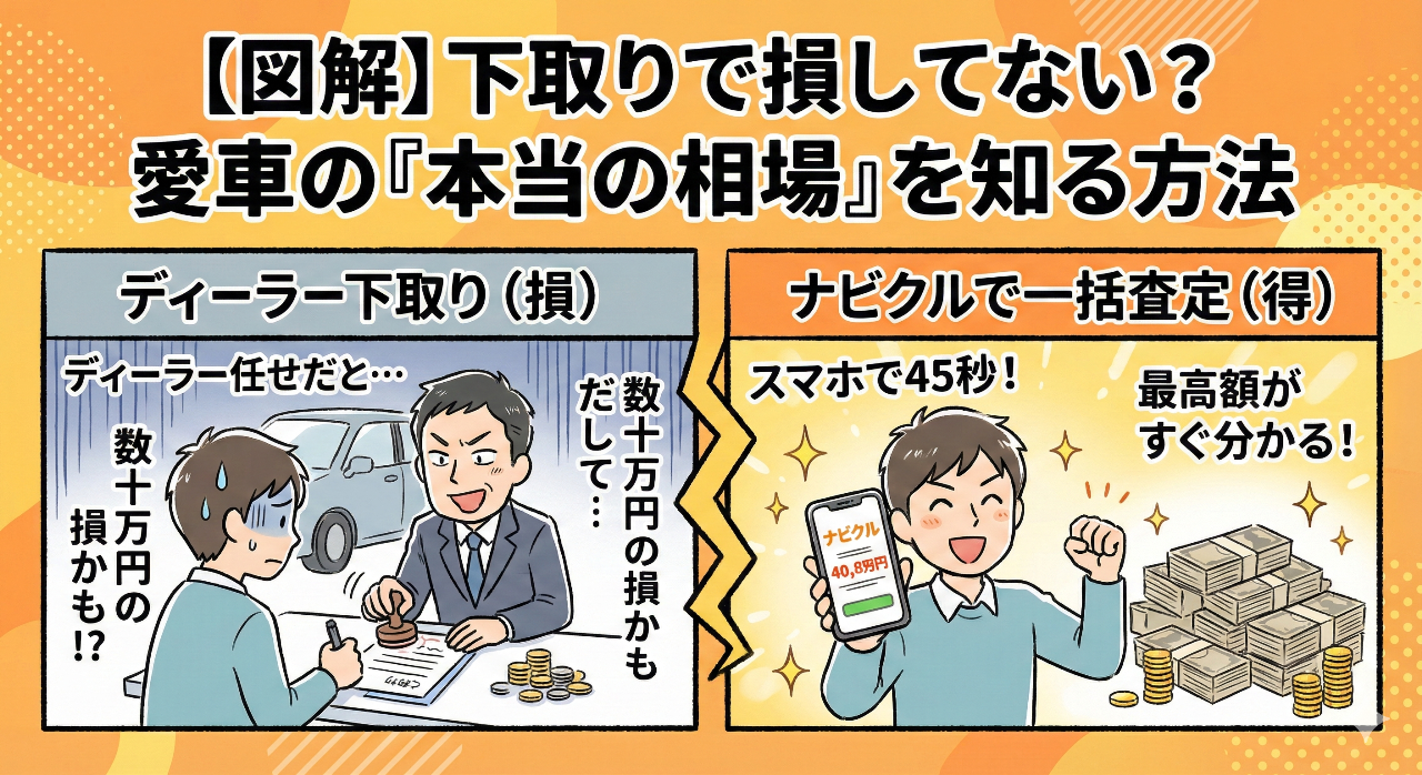 【図解】ディーラー下取りと一括査定の比較。ナビクルならスマホで45秒で愛車の最高額が分かります